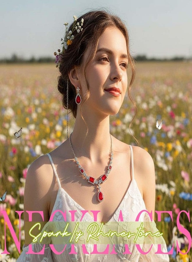 TWINKLEDE Red Rhinestone Necklace Jewelry Set Prom Necklace and Earring Accessories for Women (Red, One size) - Image 4